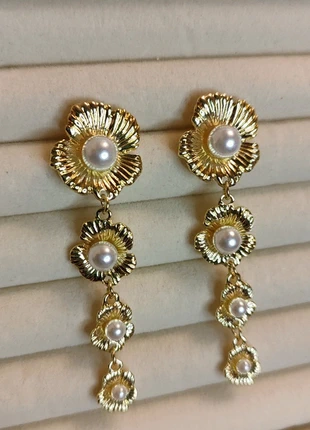 NEW: Opulent Long Drop Earrings - Textured Gold Flower Cascade with Faux Pearls - Formal/Wedding, brand: Oliver Bonas, condition: Very good, £8.31, £9.43 includes Buyer Protection