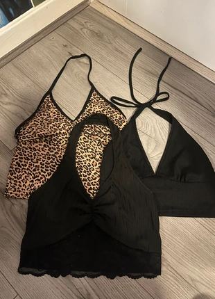 Bundle of 3 Halternecks – Black & Leopard Print Y2K Lace Crop Tops, brand: Shein, condition: Very good, size: XS / UK 4-6, £4.00, £4.90 includes Buyer Protection