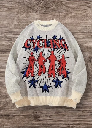Pull Vintage Blanc Rouge Crew Cycling Taille M - Grunge 90s Y2K Knit Streetwear Retro Oversize, merk: y2k, staat: Heel goed, maat: M, € 58,99, € 62,64 inclusief Kopersbescherming Pro