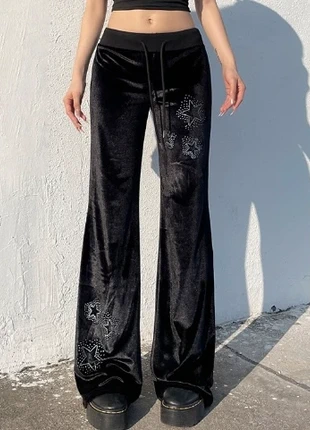 Pantalon velours noir à strass étoiles – style Y2K / glam goth / streetwear vintage, marke: glowx, zustand: Sehr gut, größe: M / 38 / 10, 24,90 €, 26,85 € inklusive Vinted-Käuferschutz