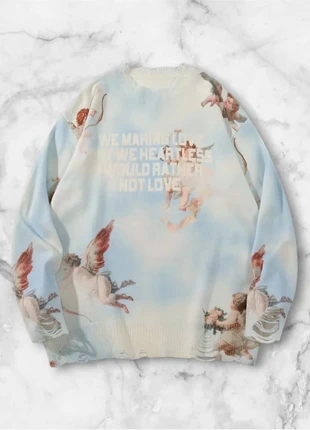 Pull bleu ciel à imprimé anges et texte, taille M, style streetwear artistique y2k vintage, merk: y2k, staat: Heel goed, maat: M, € 40,00, € 42,70 inclusief Kopersbescherming Pro