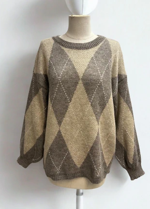 Pull oversize motif argyle beige 9% laine, merk: Boutique Parisienne, staat: Nieuw met prijskaartje, maat: Universele maat, € 33,00, € 35,35 inclusief Kopersbescherming