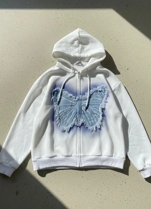 Sweat à capuche blanc zippé papillon denim, style street doux et original, condizioni: Ottime, taglia: M, €49.90, €53.10 include la Protezione acquisti