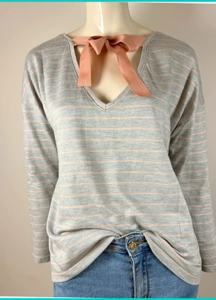👚 ONLY grey and pink striped top – Bow at the back – Size L, marke: ONLY, zustand: Sehr gut, größe: L / 40 / 12, 11,90 €, 13,20 € inklusive Vinted-Käuferschutz