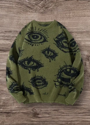 Pull Vintage Vert Foncé Noir Yeux Gothiques Taille L - Grunge 90s Y2K Knit Streetwear Retro Oversize, marque: y2k, état: Très bon état, taille: L, 57,99 €, 61,59 € Protection acheteurs (Pro) incluse