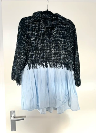 ZARA basic tweed blouse • overhemd • blauw glitter • maat M • franje, merk: Zara, staat: Heel goed, maat: M / 38 / 10, € 10,00, € 11,20 inclusief Kopersbescherming