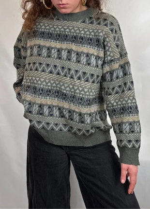 Pull sweat ethnic à motifs vintage oversize coogi style mix pattern 70s y2k | M | vert et noir 37, brand: Vintage Dressing, condition: Very good, size: M / 38 / 10, €30.00, €32.20 includes Buyer Protection