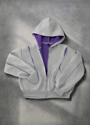 Hoodie Y2K Zippé Gris Chiné Doublure Violette - Veste Capuche Crop Surpiqûres Vintage 2000s, merk: y2k, staat: Nieuw zonder prijskaartje, maat: M / 38 / 10, € 37,50, € 40,08 inclusief Kopersbescherming