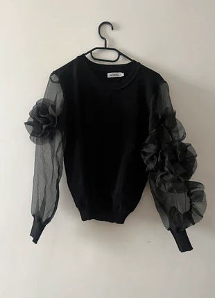Haut noir manches organza et fleurs 3D – Taille S/M, brand: Flam Mode, condizioni: Ottime, taglia: M / IT 42 / EU 38, €13.00, €14.35 include la Protezione acquisti