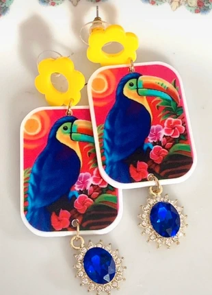 Boucles d’oreilles longues en acrylique – Oiseau tropical – Fleur en résine & strass bleu – 7 cm, état: Très bon état, 7,50 €, 8,58 € Protection acheteurs (Pro) incluse