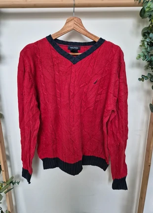 Vintage Nautica Cable Knit Sweater Rood/Blauw | Cotton | M/L (16–18), merk: Nautica, staat: Heel goed, maat: M, € 15,00, € 16,45 inclusief Kopersbescherming Pro