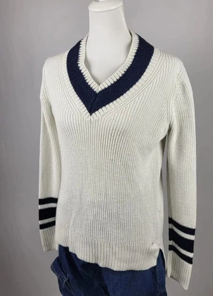 Pull Tommy Hilfiger femme S col V blanc rayures bleu marine style universitaire, marke: Tommy Hilfiger, zustand: Sehr gut, größe: S / 36 / 8, 13,00 €, 14,35 € beinhaltet Vinted-Käuferschutz Pro
