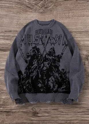 Pull Vintage Gris Foncé Noir Cavaliers Taille M - Grunge 90s Y2K Knit Streetwear Retro Oversize, marque: y2k, état: Très bon état, taille: M, 57,99 €, 61,59 € Protection acheteurs (Pro) incluse