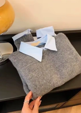 Pull gris col chemise intégré style layering (M), merk: Vintage Chic, staat: Heel goed, maat: M / 38 / 10, € 28,00, € 30,10 inclusief Kopersbescherming