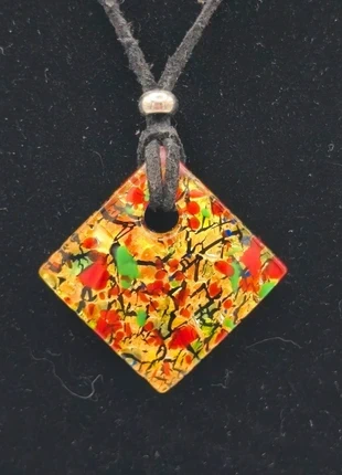 Collier femme vintage verre Murano losange rouge vert et feuille d’or avec cordon noir ADSA2, brand: Murano, condition: Very good, €8.00, €9.10 includes Buyer Protection Pro