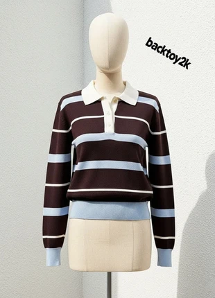 Pull polo court rayé marron et bleu clair col blanc, marque: friperie, état: Très bon état, taille: M / 38 / 10, 58,90 €, 62,55 € Protection acheteurs incluse