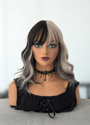 Parruca wig perruque perücke mi longue ondulée grise et noire avec frange sorcière witch, marca: givenza, estado: Nuevo sin etiquetas, 14,00 €, 15,40 € Protección al comprador Pro incluida