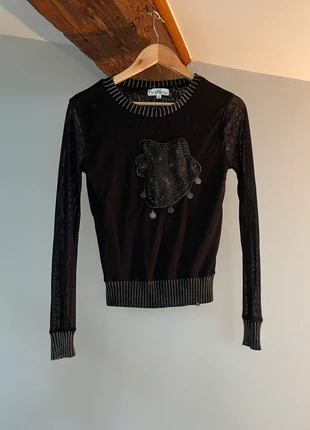 Top mesh Y2K noir style patchwork – détail bijou central, marque: Vintage Dressing, état: Très bon état, taille: M / 38 / 10, 15,00 €, 16,45 € Protection acheteurs incluse