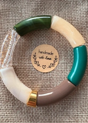 Bracelet création grosses perles tube XXL jonc élastique vert doré collection hiver 2025 cadeau Noël, marque: Création Française, état: Neuf sans étiquette, 12,00 €, 13,30 € Protection acheteurs incluse