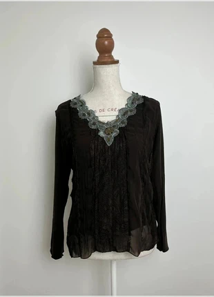 Haut manches longue col V marron, casual, vintage Y2K - Convient taille L (40), condition: Very good, size: L / 40 / 12, €12.00, €13.30 includes Buyer Protection