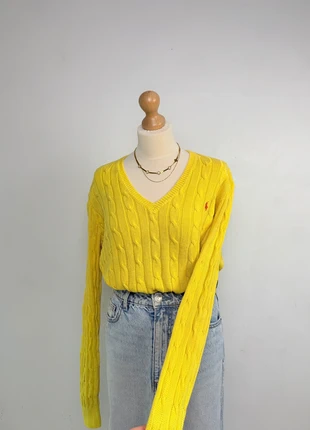 Pull torsadé Sweat hiver col V Tressé Raph Lauren jaune logo rouge XL femme, merk: Ralph Lauren, staat: Heel goed, maat: XL / 42 / 14, € 53,00, € 56,35 inclusief Kopersbescherming