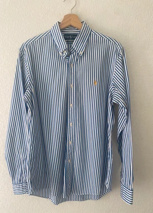 Chemise – Ralph Lauren – rayée bleu & blanc – logo brodé jaune – coupe Custom Fit – taille M homme, brand: Ralph Lauren, condition: Very good, size: M, €33.00, €35.35 includes Buyer Protection Pro