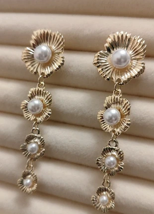 Elegant Long Drop Earrings | Cascading Gold Flower & Pearl Dangles | Wedding Guest Statement, brand: Oliver Bonas, condition: Very good, £8.23, £9.34 includes Buyer Protection
