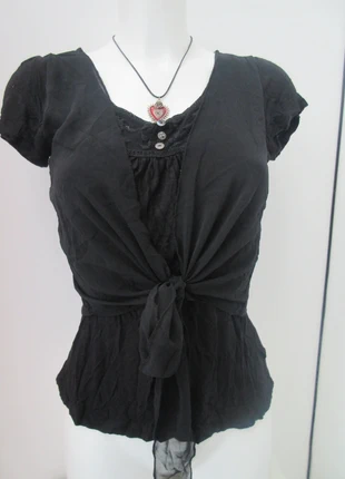 Black Tie-Front Peplum Blouse Top Short Cap Sleeve Ruched Gothic Fairy Grunge, marque: Top Vintage, état: Très bon état, taille: S / 36 / 8, 11,00 €, 12,25 € Protection acheteurs incluse