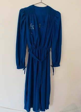Robe Vintage Bleu Royal à Manches Longues et Ceinture, condition: Very good, size: M / 38 / 10, €8.00, €9.10 includes Buyer Protection
