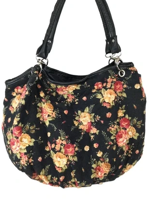 Sac fourre-tout en toile noire motifs fleurs vintages femme - Exclusive, brand: Exclusive, condition: Very good, €12.00, €13.30 includes Buyer Protection