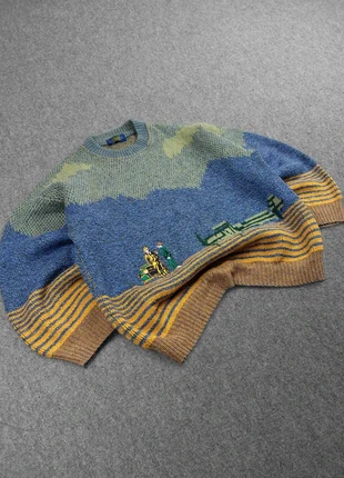 Pull Rare Vintage 80s Maille Bleu / Jaune / Multicolore Motifs Brodé "Aviateur" Laine / Alpaga (M), marque: GUY de BERAC, état: Très bon état, taille: M, 44,00 €, 46,90 € Protection acheteurs (Pro) incluse