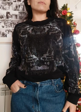 Vintage Black Sweatshirt - Sequin/Studded Tiger Graphic Statement Jumper Size M, marca: Vintage Dressing, estado: Muito bom, tamanho: M / 38 / 10, €3.90, €4.80 inclui Proteção do Comprador