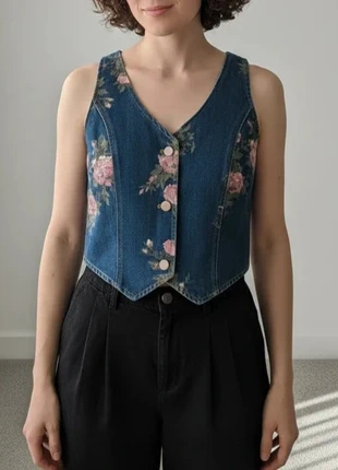 Gilet Vintage Bohème Jean Imprimé Floral Rose et Vert, brand: Vintage Dressing, condition: Very good, size: M / 38 / 10, €39.90, €42.60 includes Buyer Protection