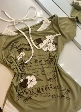 tshirt kaki epaule tombante y2k lolita cute vintage 2000’s, état: Neuf sans étiquette, taille: S / 36 / 8, 18,00 €, 19,60 € Protection acheteurs incluse