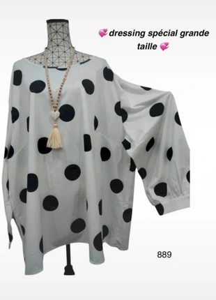 Blouse à pois noir et blanc grande taille 60 – Élégante, fluide et intemporelle, brand: Mylène, condition: New without tags, size: 9XL / 58 / 30, €18.51, €20.14 includes Buyer Protection Pro