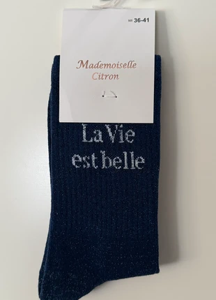 Chaussettes à paillettes bleu inscription la vie est belle idée cadeau de Noël, marca: mademoiselle citron, estado: Muito bom, tamanho: M | 39-42, €4.90, €5.85 inclui Proteção do Comprador Pro