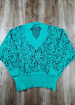 Pull vintage col V turquoise à motifs noirs sans étiquette, marke: Vintage Dressing, zustand: Sehr gut, größe: M / 38 / 10, 12,90 €, 14,25 € beinhaltet Vinted-Käuferschutz Pro