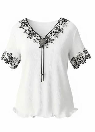 Blouse Grande Taille 54 – Col V Élégant, Broderie Florale & Détail Frangé, marca: Mylène, estado: Novo sem etiquetas, tamanho: 7XL / 54 / 26, €17.44, €19.01 inclui Proteção do Comprador Pro