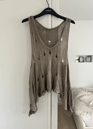 Top/pull à bretelle à trous, destroy style Y2K, brun/kaki, asymétrique, état: Très bon état, taille: L / 40 / 12, 6,00 €, 7,00 € Protection acheteurs incluse