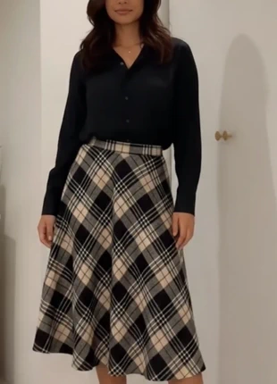 Jupe midi évasée à carreaux beige noir, style chic Taille M, marca: Shorty, estado: Muito bom, tamanho: M / 38 / 10, €48.00, €51.10 inclui Proteção do Comprador