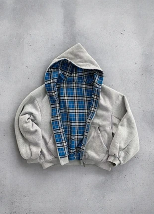 Chaleco reversible grueso, cremallera Y2K, algodón gris con cuadros azules en la capucha - Vintage, marque: Japan Style, état: Neuf sans étiquette, taille: M, 42,00 €, 44,80 € Protection acheteurs incluse