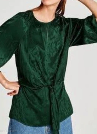 Zara Woman Dark Green Tie-Front Blouse - Jacquard Pattern & Kimono Sleeve - Size XS | EU32-34, brand: Zara, condition: Very good, size: XS / 34 / 6, €4.00, €4.90 includes Buyer Protection