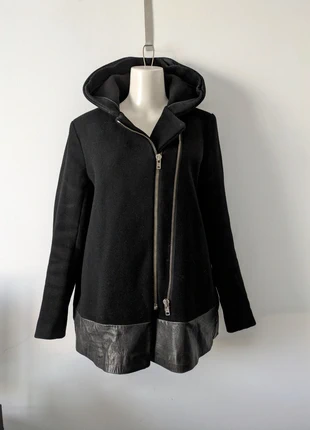 Manteau d'hiver avec capuche - laine et cuir - Sandro - taille 40, merk: Sandro, staat: Goed, maat: L / 40 / 12, € 55,00, € 58,45 inclusief Kopersbescherming Pro