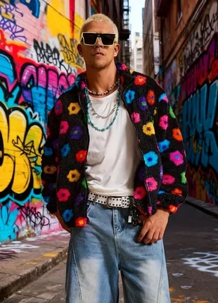 Veste polaire noire à motifs fleurs colorées, teddy zippée, style streetwear Y2K, marque: y2k, état: Très bon état, taille: M, 40,00 €, 42,70 € Protection acheteurs (Pro) incluse