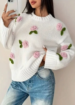 Pull blanc à fleurs roses en relief, style doux et moderne, taille M, marque: Vintage, état: Très bon état, taille: M / 38 / 10, 45,00 €, 47,95 € Protection acheteurs (Pro) incluse