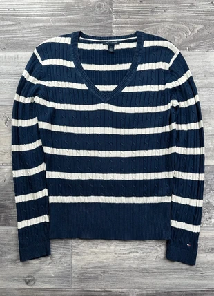 Pull col V torsadé Tommy Hilfiger Bleu Marine et Blanc taille M, brand: Tommy Hilfiger, condizioni: Ottime, taglia: M / IT 42 / EU 38, €13.00, €14.35 include la Protezione acquisti Pro
