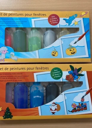 2 Sets différents de peintures pour fenêtres, merk: milomex, staat: Nieuw met prijskaartje, maat: 6 jaar / 116 cm, € 12,00, € 13,30 inclusief Kopersbescherming