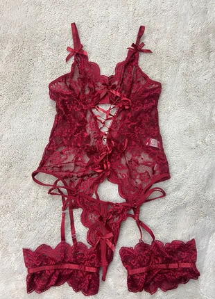 burgundy red xmas sexy lingerie lace bow bodysuit crotchless garter set, condition: New without tags, size: S / UK 8-10, £5.95, £6.95 includes Buyer Protection Pro