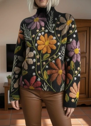 Veste / pull col montant noir à grosses fleurs colorées – style bohème, état: Très bon état, taille: M / 38 / 10, 49,90 €, 53,10 € Protection acheteurs (Pro) incluse