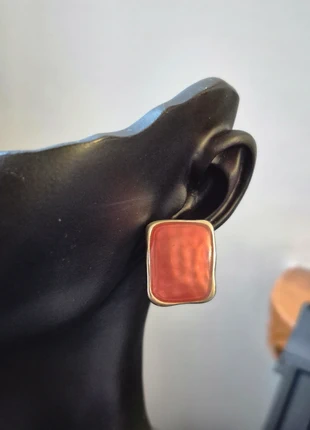 Paire de boucles d'oreilles rectangulaire année 80 argenté cabochon saumon foncé, brand: Vintage Love, condition: Very good, €2.90, €3.75 includes Buyer Protection Pro